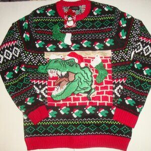 New Blizzard Bay Holiday Christmas Men's Ugly Sweater Roaring Dinosaur L